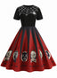 Abito con stampa ragnatela patchwork Halloween rosso anni '50