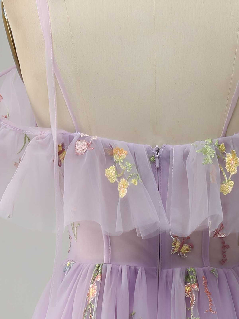 Abito a sottoveste con spacco in rete ricamato a fiori anni '70