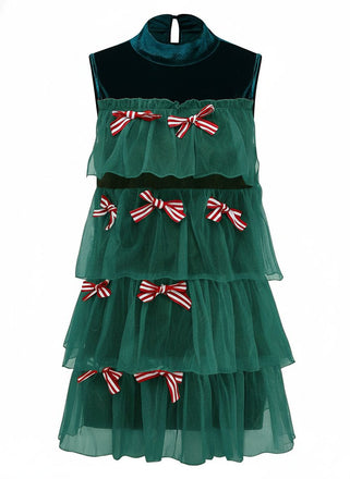 Abito con fiocco in rete e albero di Natale verde anni '60