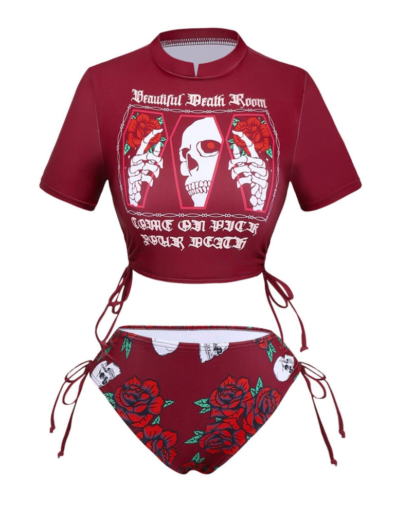 Tankini con grafica a teschio e rosa nero anni '80