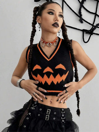 Gilet con faccia di zucca Halloween nero anni '70