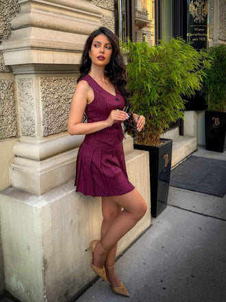 2PCS Top gessato e gonna a pieghe bordeaux anni '60