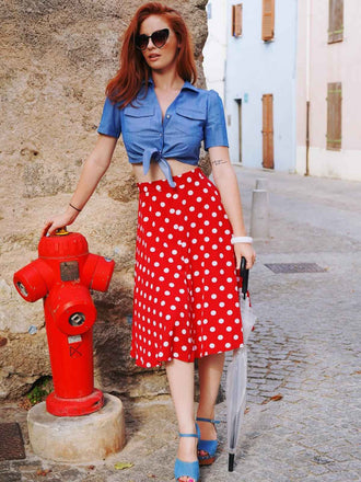 2PCS camicetta a tinta unita e gonna a pois anni '50