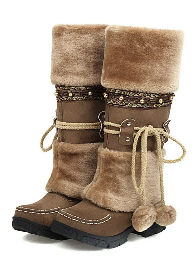 Stivali da neve invernali con pompon in pelliccia sintetica