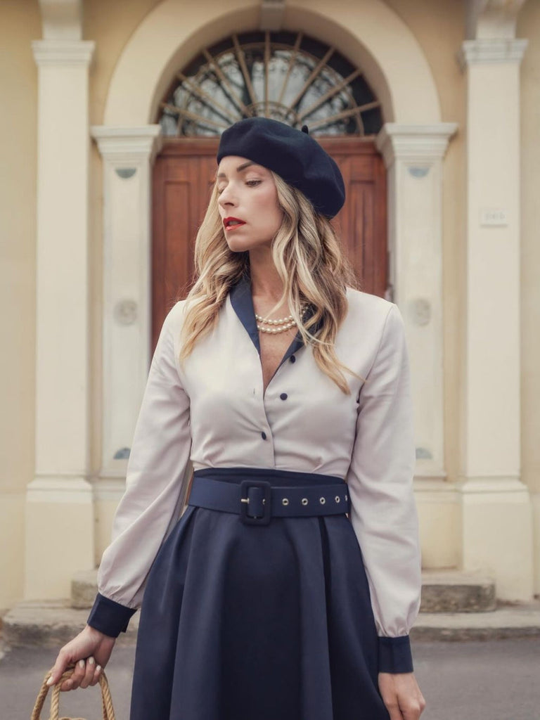 Abito patchwork con cintura blu e bianco anni '50