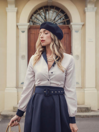 Abito patchwork con cintura blu e bianco anni '50