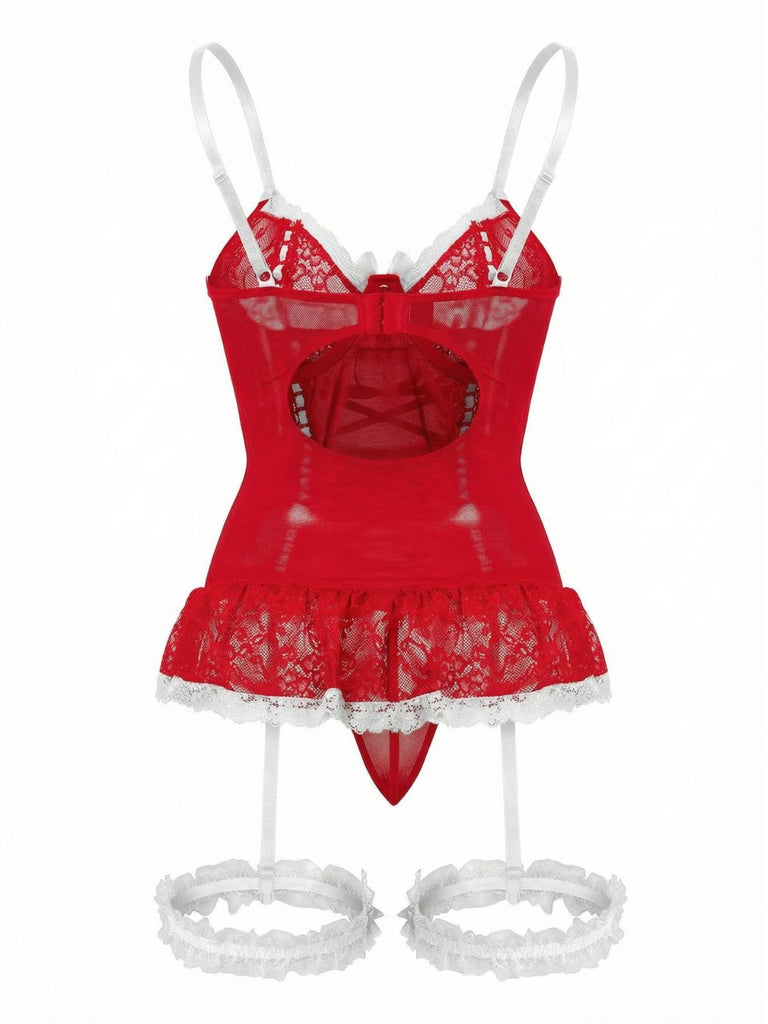 Completo intimo con lacci e fiocco in pizzo a contrasto anni '70