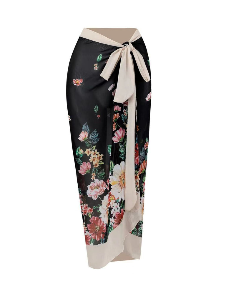 Costumi intero e copricostume floreale con fiocco nero anni '40