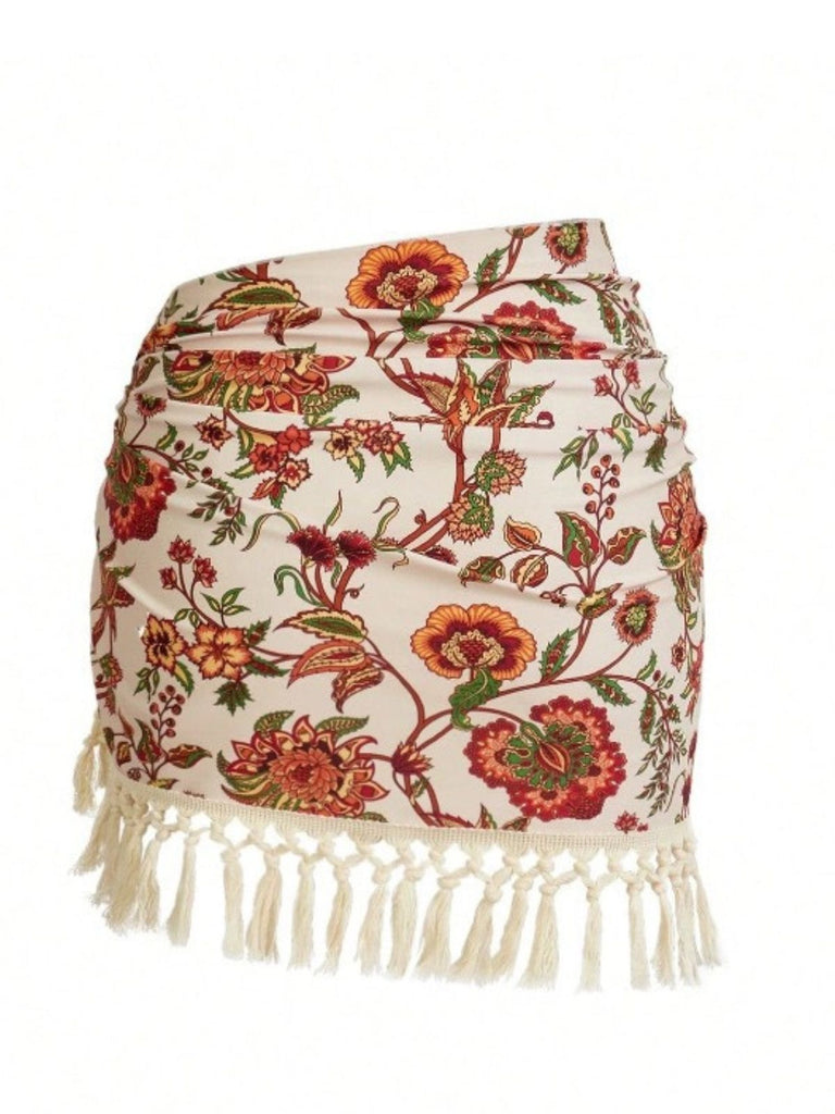 2PCS Costumi intero e copricostume con frange e floreale anni '60