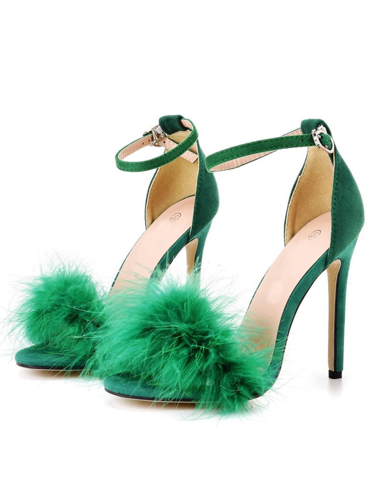 Tacchi alti con cinturino in pelle scamosciata e piume