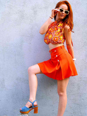 2PCS Top floreale scollo a cravatta e gonna bottoni anni '60