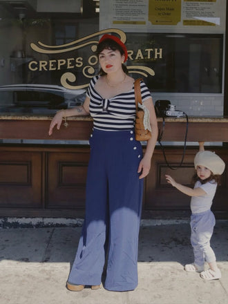 Tuta patchwork a righe fiocco cavo blu anni '50