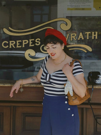 Tuta patchwork a righe fiocco cavo blu anni '50