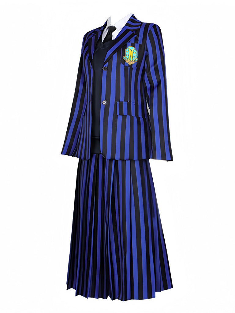 Completo uniforme a righe di Mercoledì Addams blu anni '40