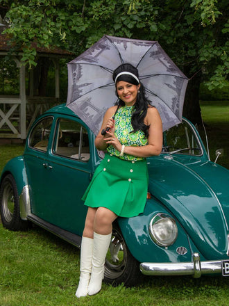 2PCS Top floreale scollo a cravatta e gonna bottoni verde anni '60