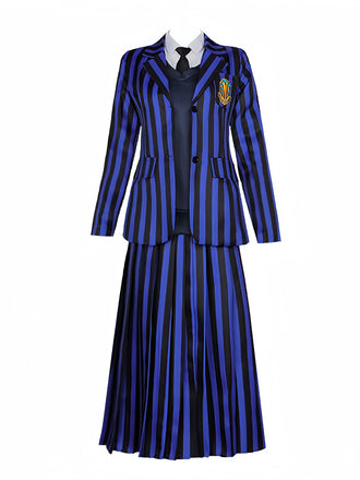 Completo uniforme a righe di Mercoledì Addams blu anni '40