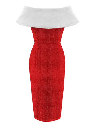 Abito a tubino con fiocco in peluche e mantello rosso anni '60