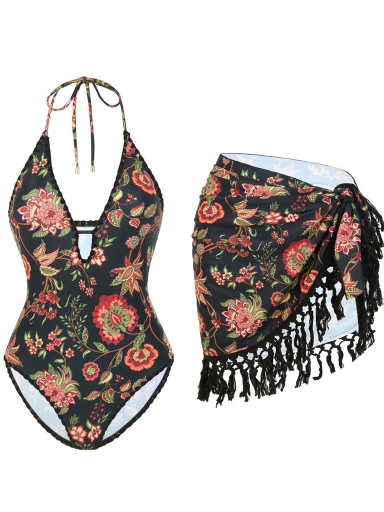 2PCS Costumi intero e copricostume con frange e floreale anni '60