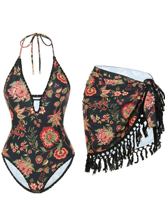2PCS Costumi intero e copricostume con frange e floreale anni '60