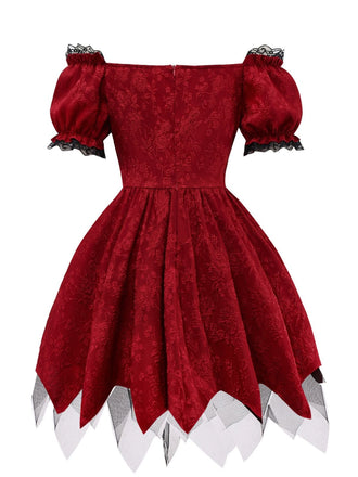 Abito gotico in pizzo e spalle scoperte rosso anni '70