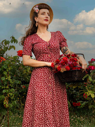 Abito fiori a fiorellini con scollo a V bordeaux anni '40