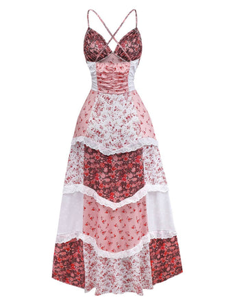 Multicolor 1930s Quilt Floral Print Ruffled Strap Dress - vintage dress, retro fashion