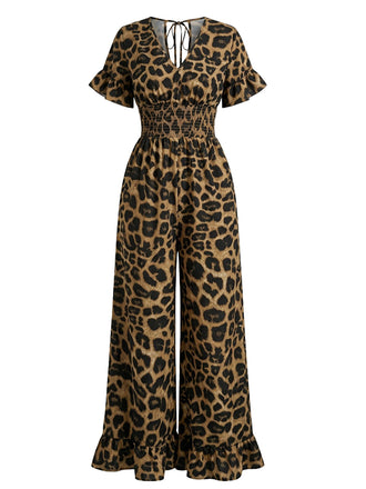 Brown 1930s Leopard Ruffled V-Neck Empire Waist Jumpsuit - vintage jumpsuit, retro fashion