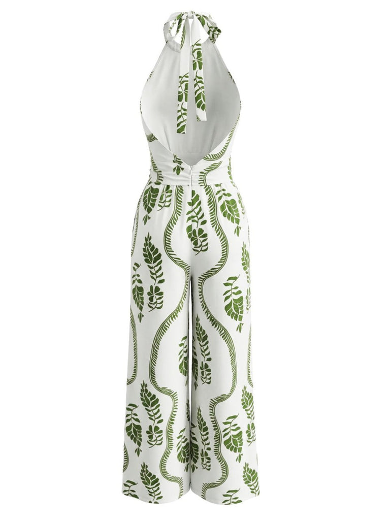 Green 1930s Leaf Halter Deep V Backless Jumpsuit