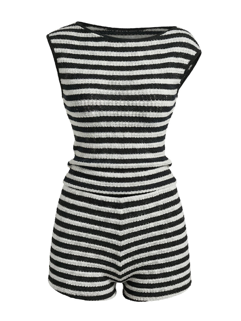 2PCS Top Nero a Righe Senza Maniche e Pantaloncini a Vita Alta Anni '40 2