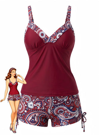 Set Tankini Bohémien Scollo a V con Cinturino Anni '70
