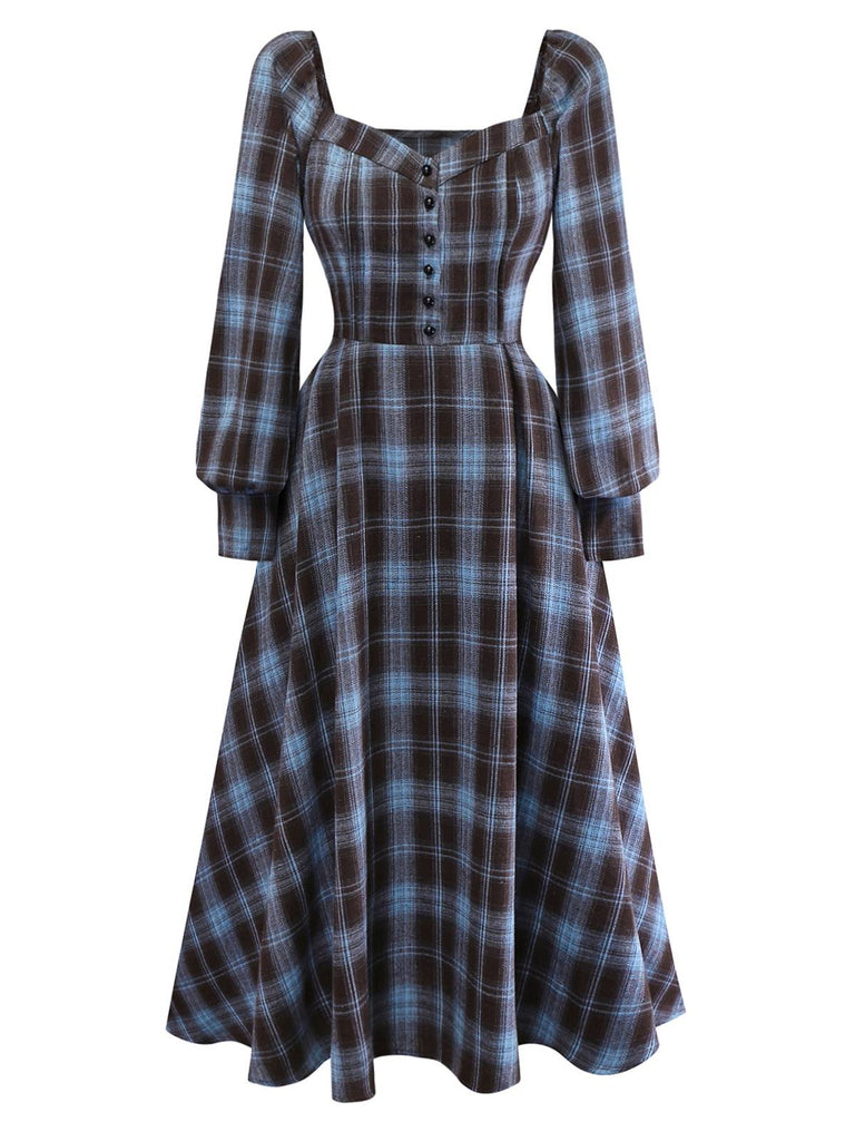 Blue Grey 1940s Plaid Sweetheart Neck Brushed Dress - vintage dress, retro fashion