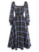 Blue Grey 1940s Plaid Sweetheart Neck Brushed Dress - vintage dress, retro fashion