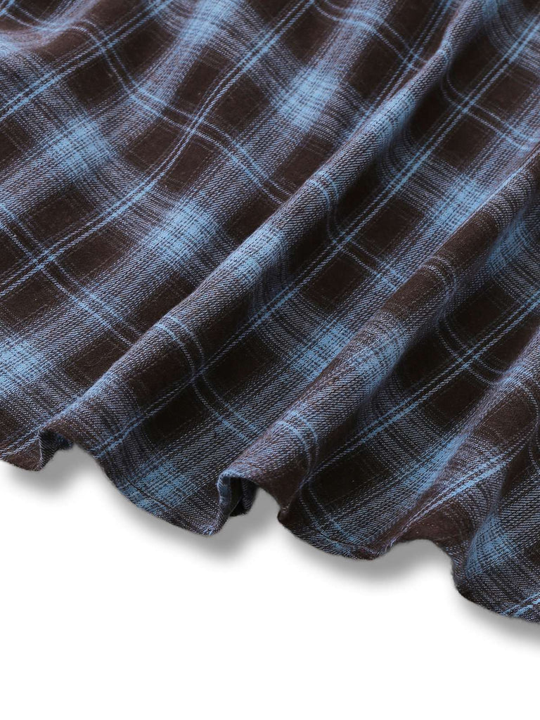Blue Grey 1940s Plaid Sweetheart Neck Brushed Dress - vintage dress, retro fashion