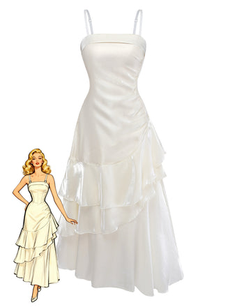 Abito Bianco in Raso a Balze Arricciato con Spalline Sottili Anni '40