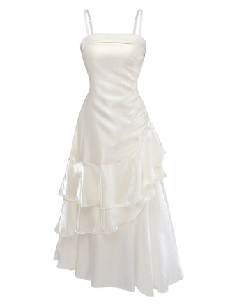 Abito Bianco in Raso a Balze Arricciato con Spalline Sottili Anni '40 2