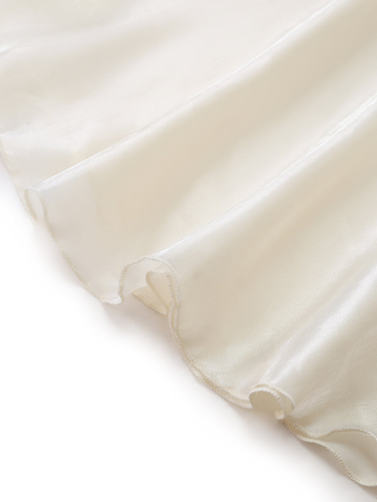 Abito Bianco in Raso a Balze Arricciato con Spalline Sottili Anni '40 6