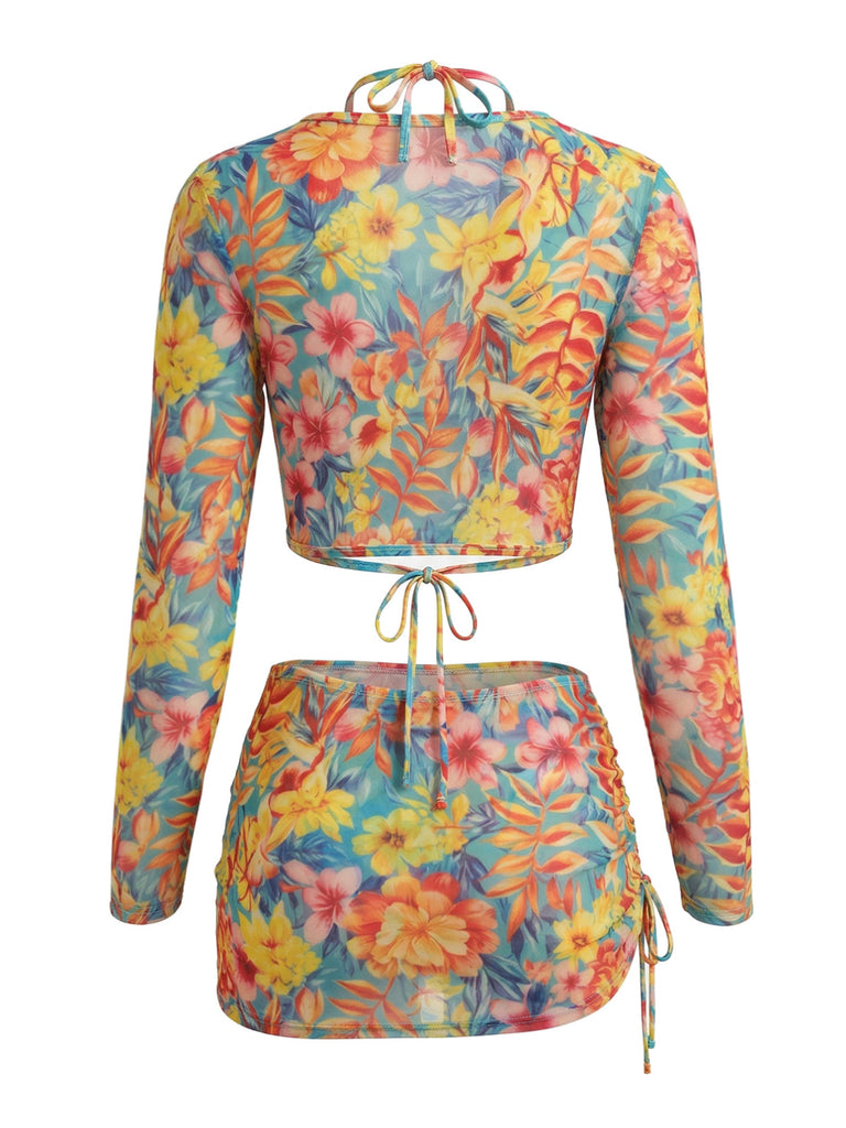Set Bikini Floreale con Allacciatura al Collo & Copricostume in Rete a Maniche Lunghe Anni '60 3