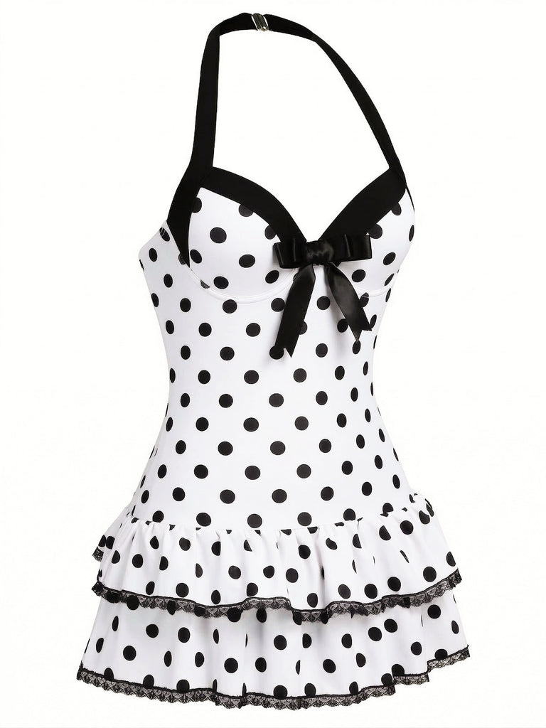 1940s Halter Polka Dots Bow One-Piece Swimsuit, classic vintage style summer beach collection