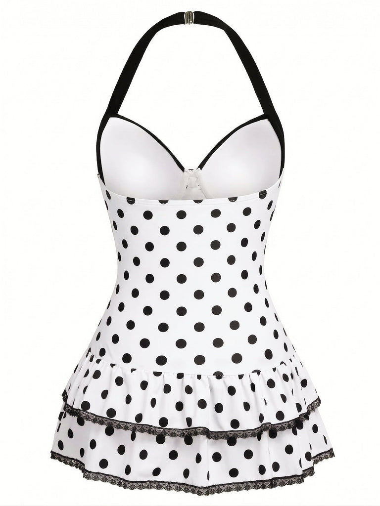 1940s Halter Polka Dots Bow One-Piece Swimsuit, classic vintage style summer beach collection