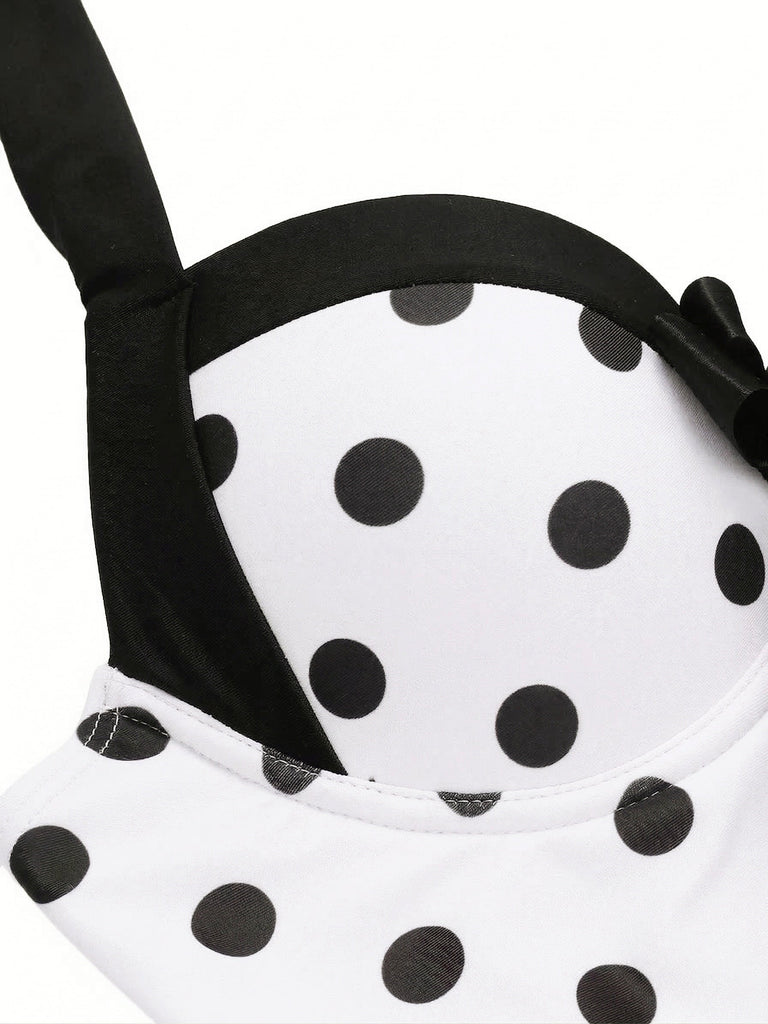 1940s Halter Polka Dots Bow One-Piece Swimsuit, classic vintage style summer beach collection