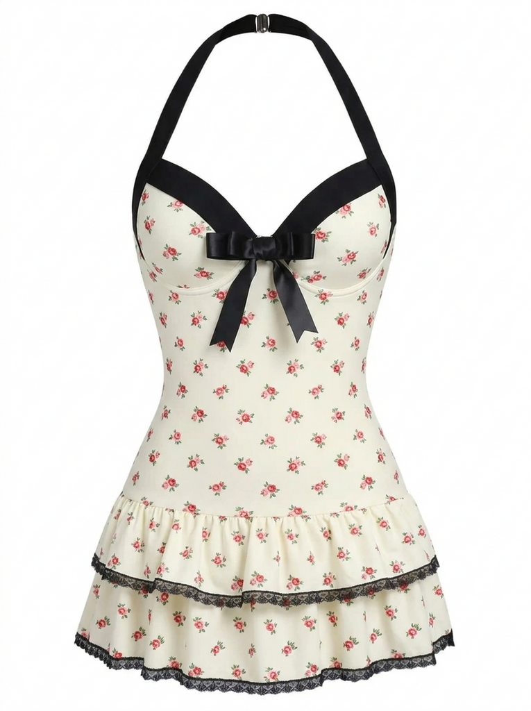 1940s Halter Polka Dots Bow One-Piece Swimsuit: 1940s Riviera elegance, reimagined for her