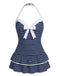 This 1940s Halter Polka Dots Bow One-Piece Swimsuit carries 1940s vacation dreams in every stitch