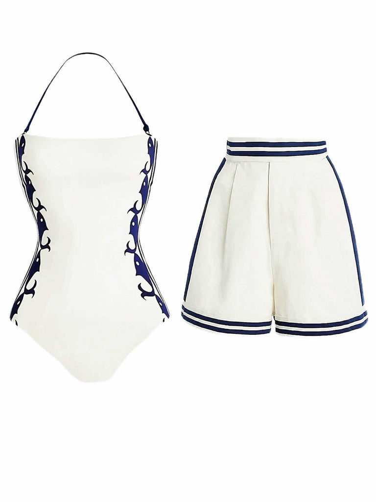 She's wearing 1940s Halter Swimsuit & Sailor-Stripe Shorts Set and the whole beach remembers the 1940s