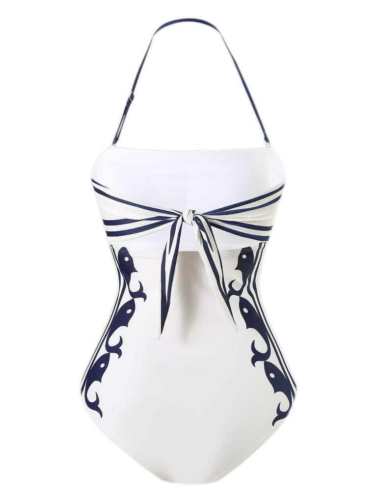 This 1940s Halter Swimsuit & Sailor-Stripe Shorts Set carries 1940s vacation dreams in every stitch