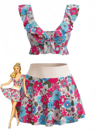 Set Tankini Multicolore Floreale con Volant Scollo a Cuore Anni '40