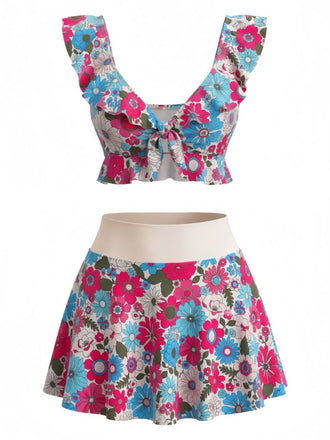 Set Tankini Multicolore Floreale con Volant Scollo a Cuore Anni '40 2