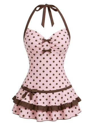 [Prevendita] Costumi intero rosa anni '40 a pois con scollo all'americana