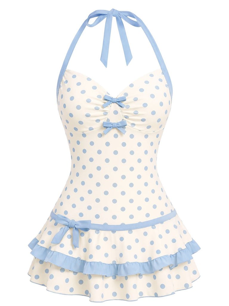 [Prevendita] Costumi intero blu anni '40 a pois con scollo all'americana