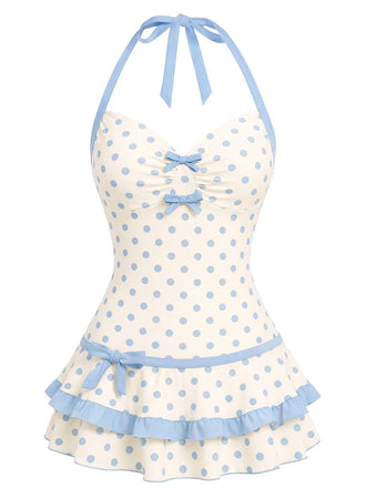 [Prevendita] Costumi intero blu anni '40 a pois con scollo all'americana