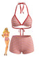 Set Bikini Rosso Anni '40 a Righe con Scollo All'americana a Costine